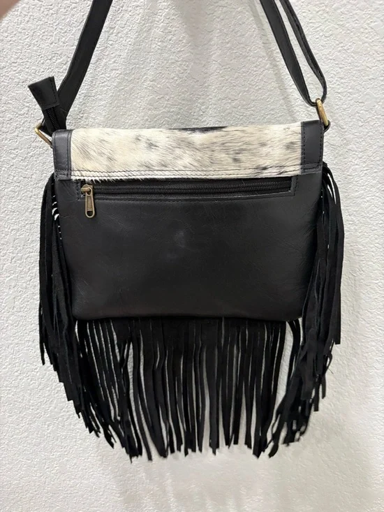 Fringe Cowhide Crossbody Bag - Black & White - Picture 2 of 2